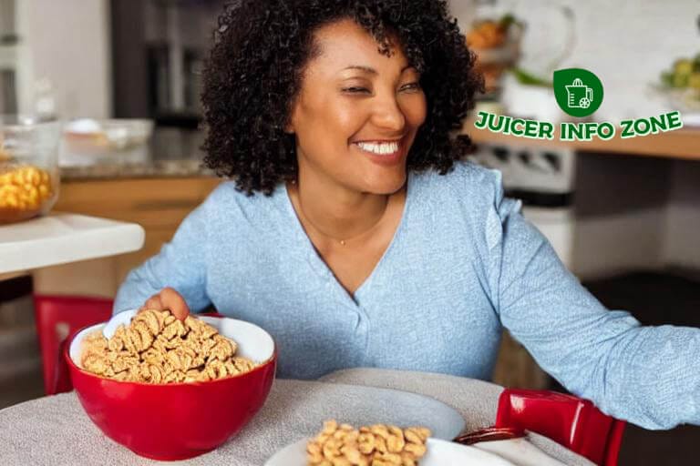 a lady eating a bowl of special k cereal