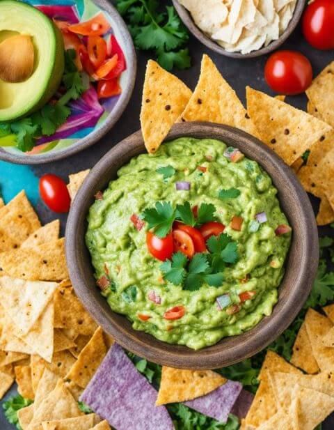 Kale guacamole dip with tortilla chips