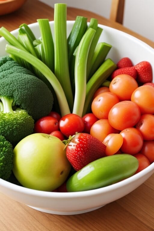 big bowl of fruit and green vegetables on a kitchen table 4