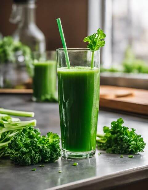 celery and kale juice in a clear glass