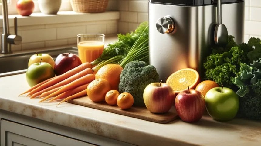 Photo set in a kitchen with a pristine stainless steel juicer prominently placed on the counter