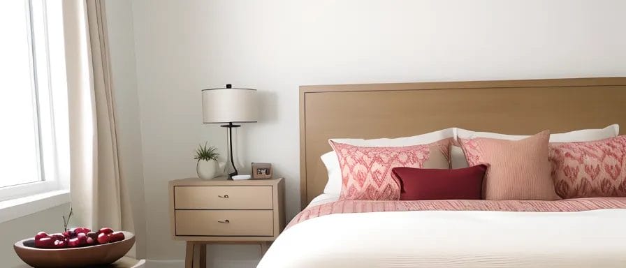 An image of a serene bedroom with a focus on a small bedside table that holds a modest portion of whole grain crackers and a small bowl of cherries